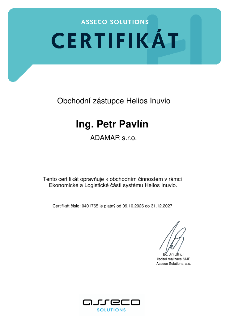 Certifikát obchodního zástupce HELIOS Inuvio – Ing. Petr Pavlín
