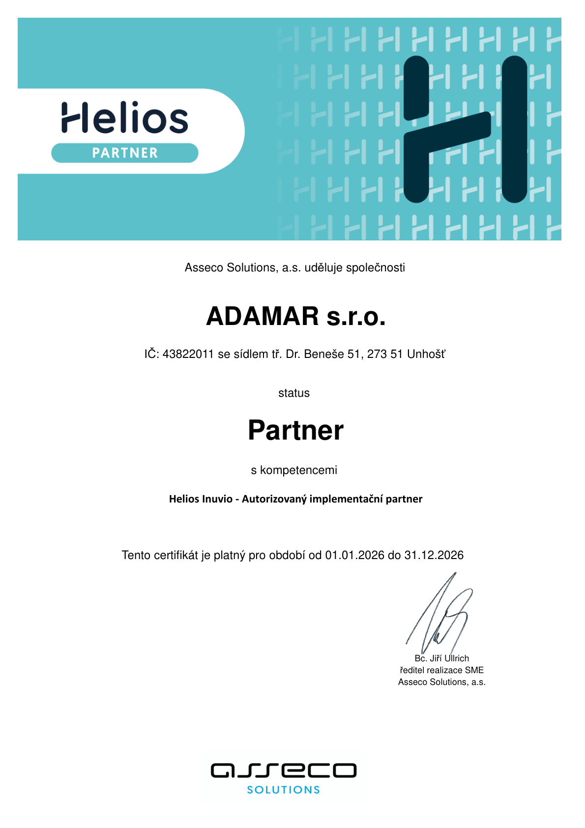 Certifikát Helios Inuvio – náhled